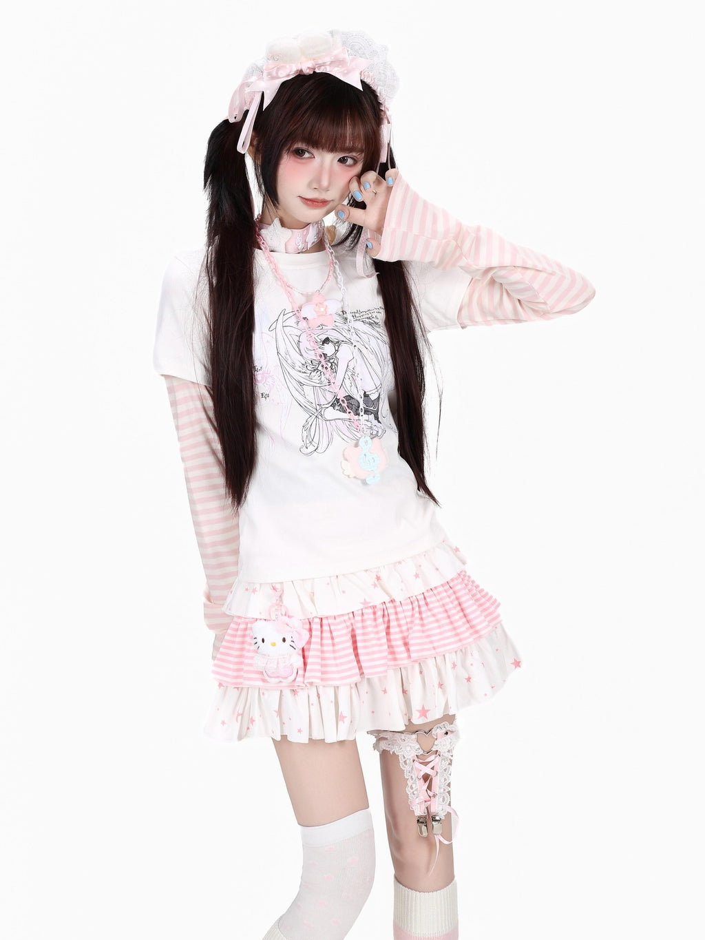 CRAZYGIRL Angel Girl Print Striped Patchwork Slim Fit Women's Long Sleeve T-shirts