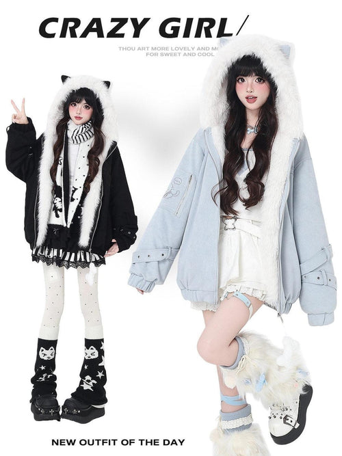 CRAZYGIRL Angel Kitty Plush Cat Ear Hooded Oversized Women's Cotton Padded Puffer Jackets