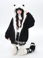 CRAZYGIRL Angel Kitty Plush Cat Ear Hooded Oversized Women's Cotton Padded Puffer Jackets