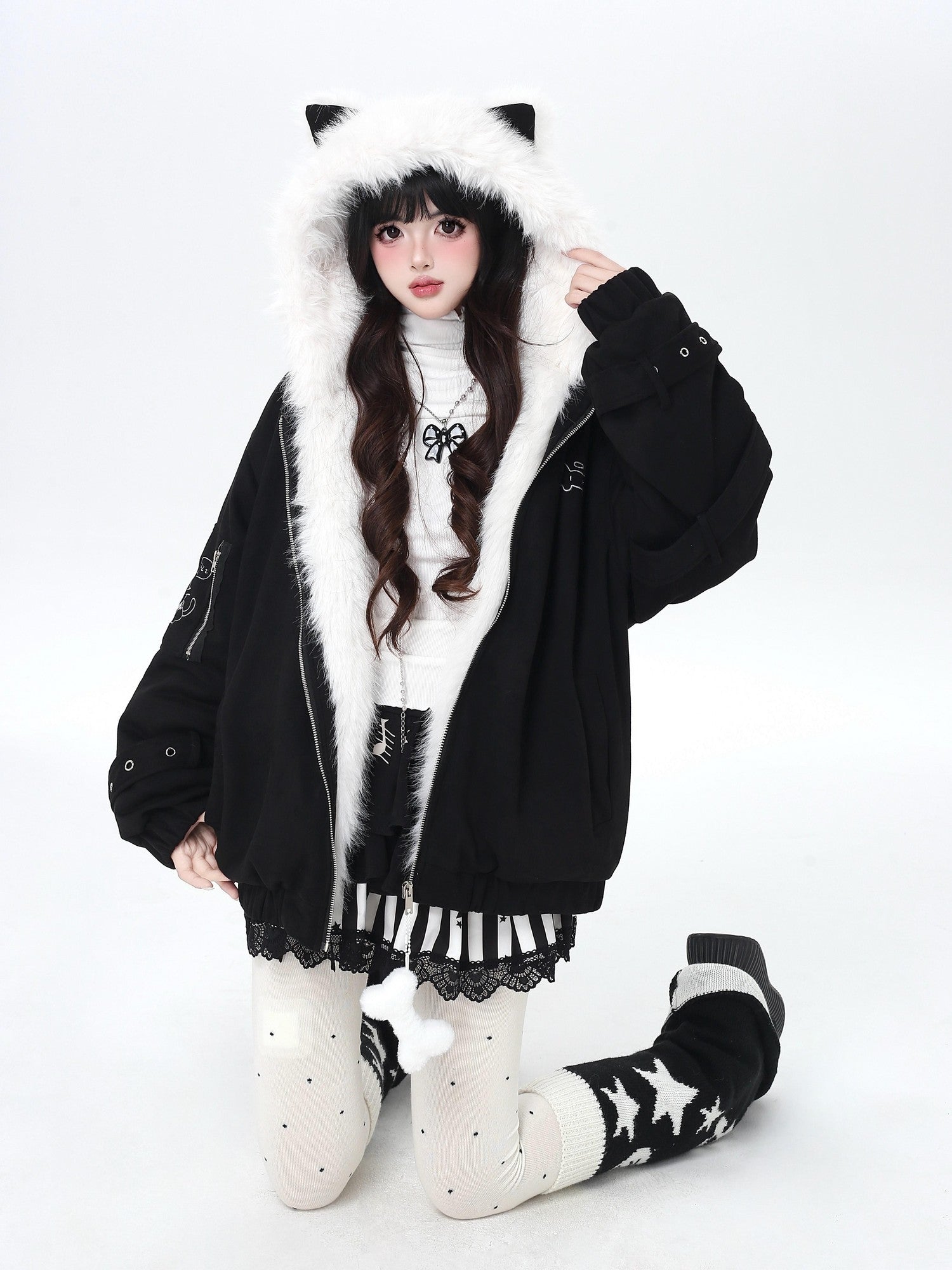 CRAZYGIRL Angel Kitty Plush Cat Ear Hooded Oversized Women's Cotton Padded Puffer Jackets
