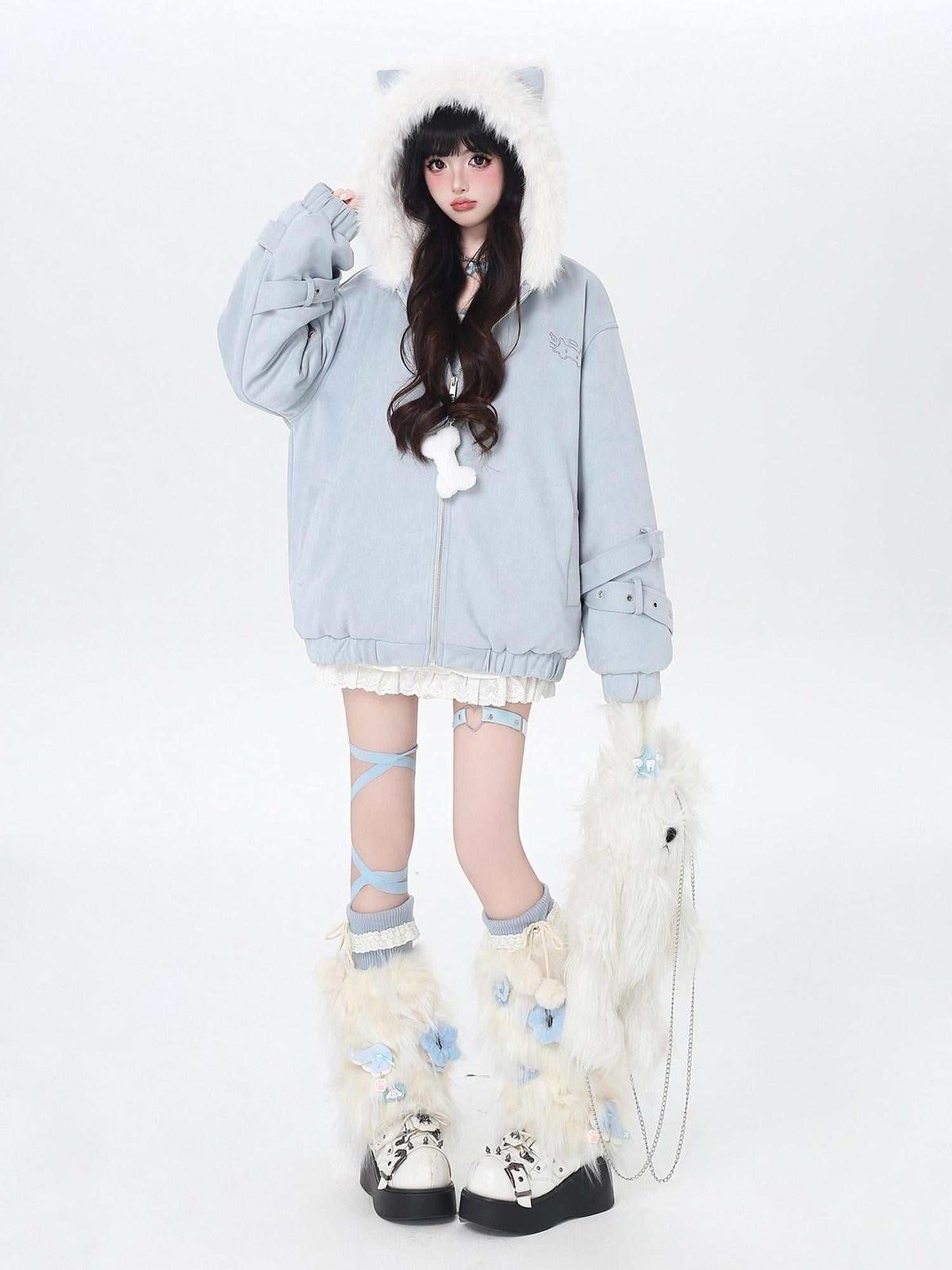 CRAZYGIRL Angel Kitty Plush Cat Ear Hooded Oversized Women's Cotton Padded Puffer Jackets
