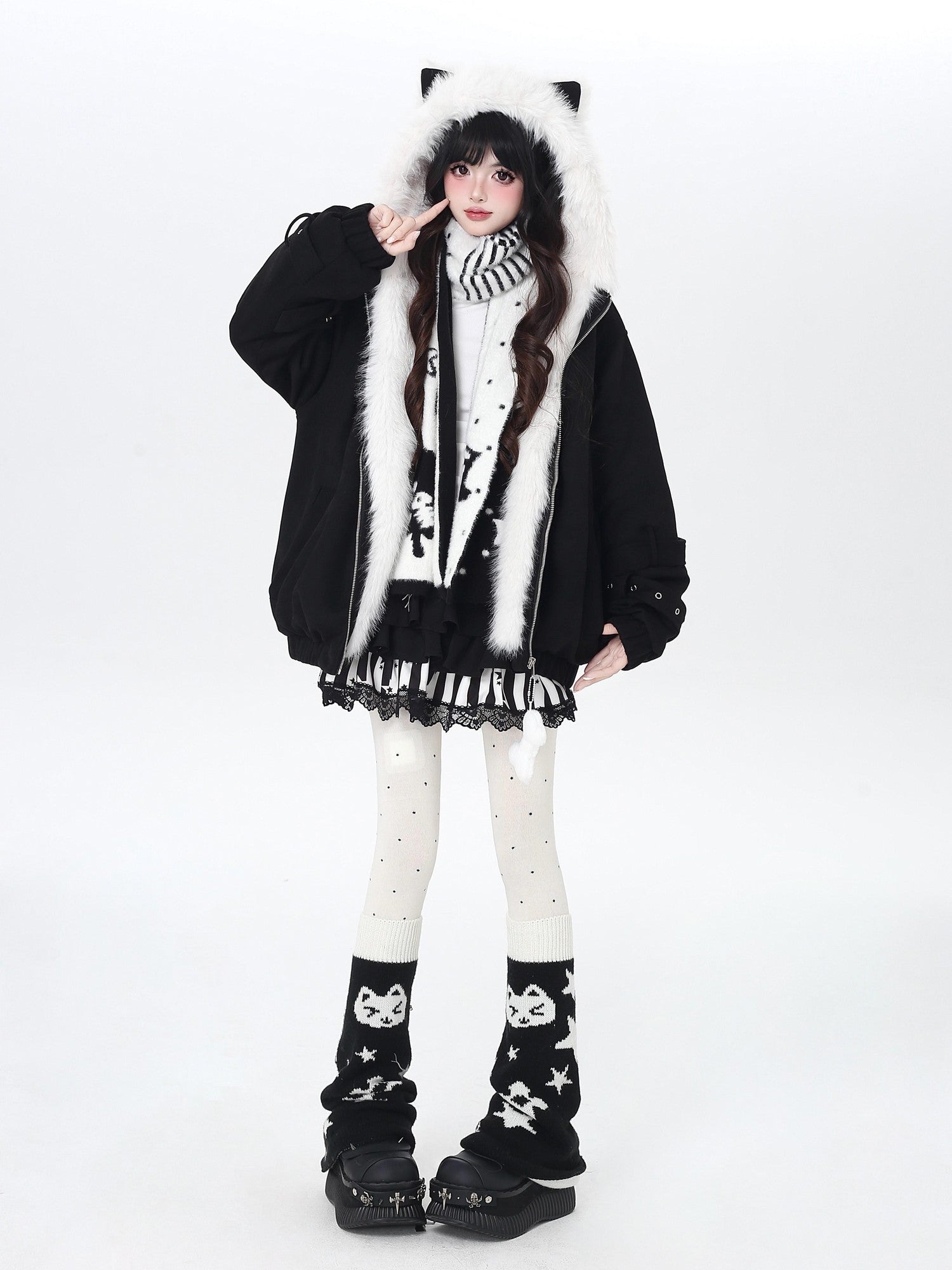 CRAZYGIRL Angel Kitty Plush Cat Ear Hooded Oversized Women's Cotton Padded Puffer Jackets