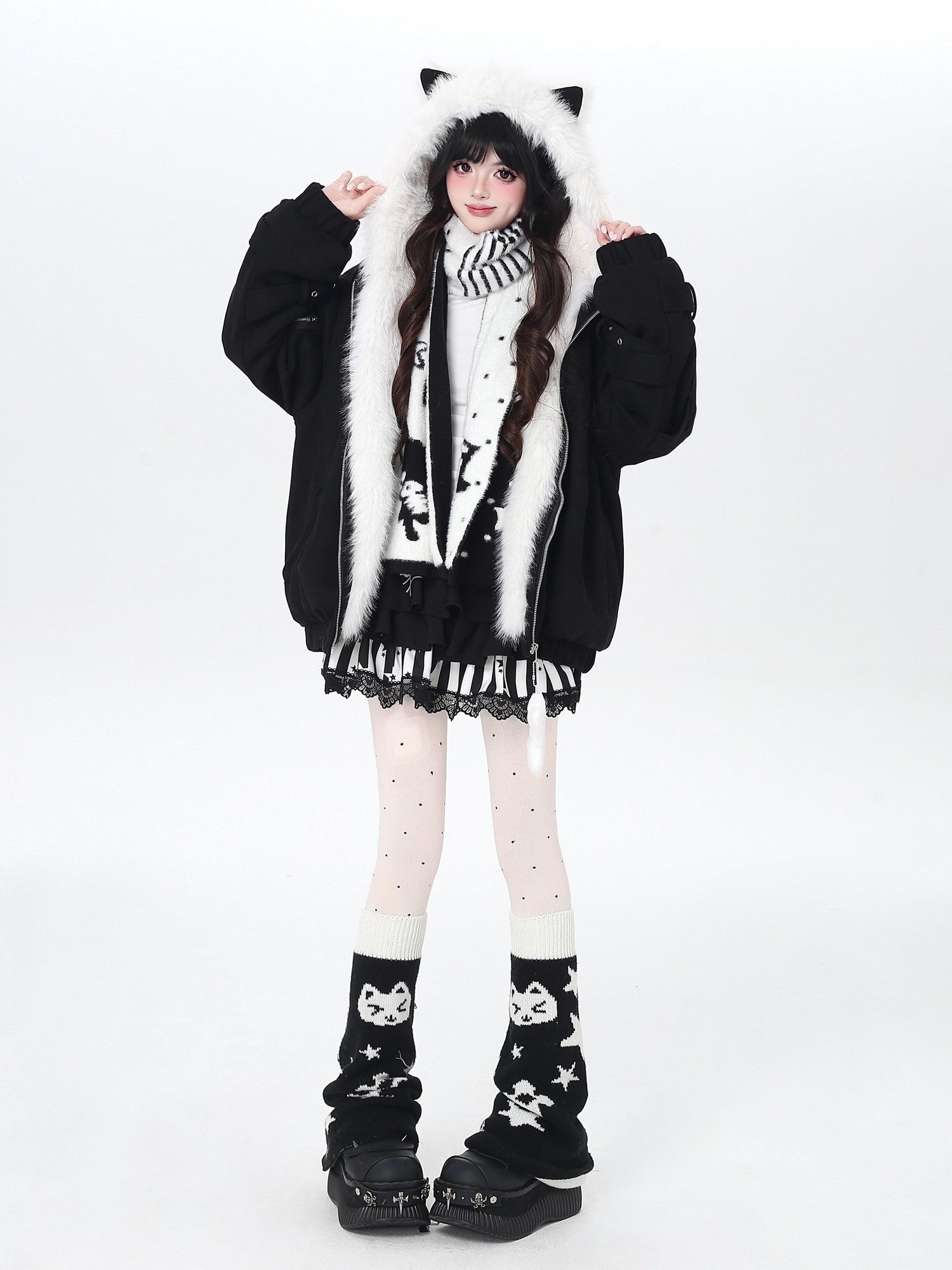 CRAZYGIRL Angel Kitty Plush Cat Ear Hooded Oversized Women's Cotton Padded Puffer Jackets