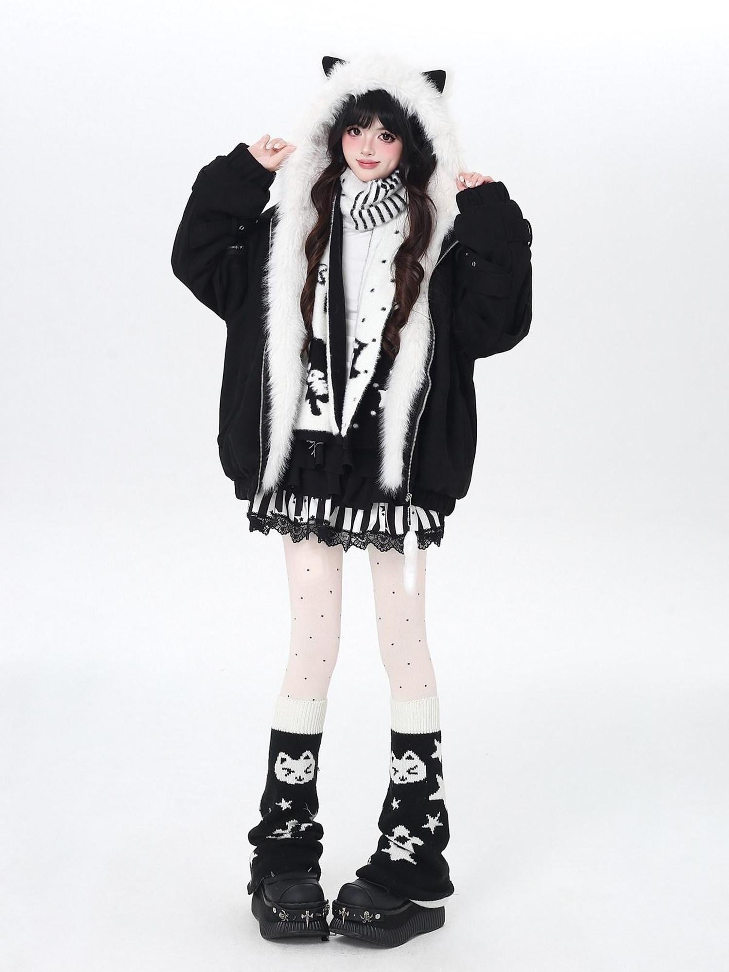 CRAZYGIRL Angel Kitty Plush Cat Ear Hooded Oversized Women's Cotton Padded Puffer Jackets