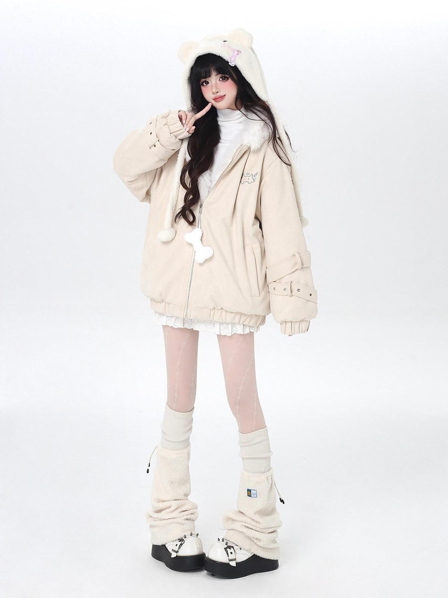 CRAZYGIRL Angel Kitty Plush Cat Ear Hooded Oversized Women's Cotton Padded Puffer Jackets
