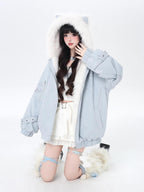 CRAZYGIRL Angel Kitty Plush Cat Ear Hooded Oversized Women's Cotton Padded Puffer Jackets