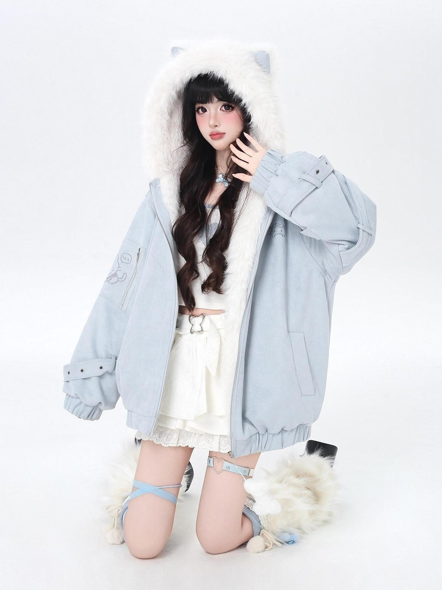 CRAZYGIRL Angel Kitty Plush Cat Ear Hooded Oversized Women's Cotton Padded Puffer Jackets