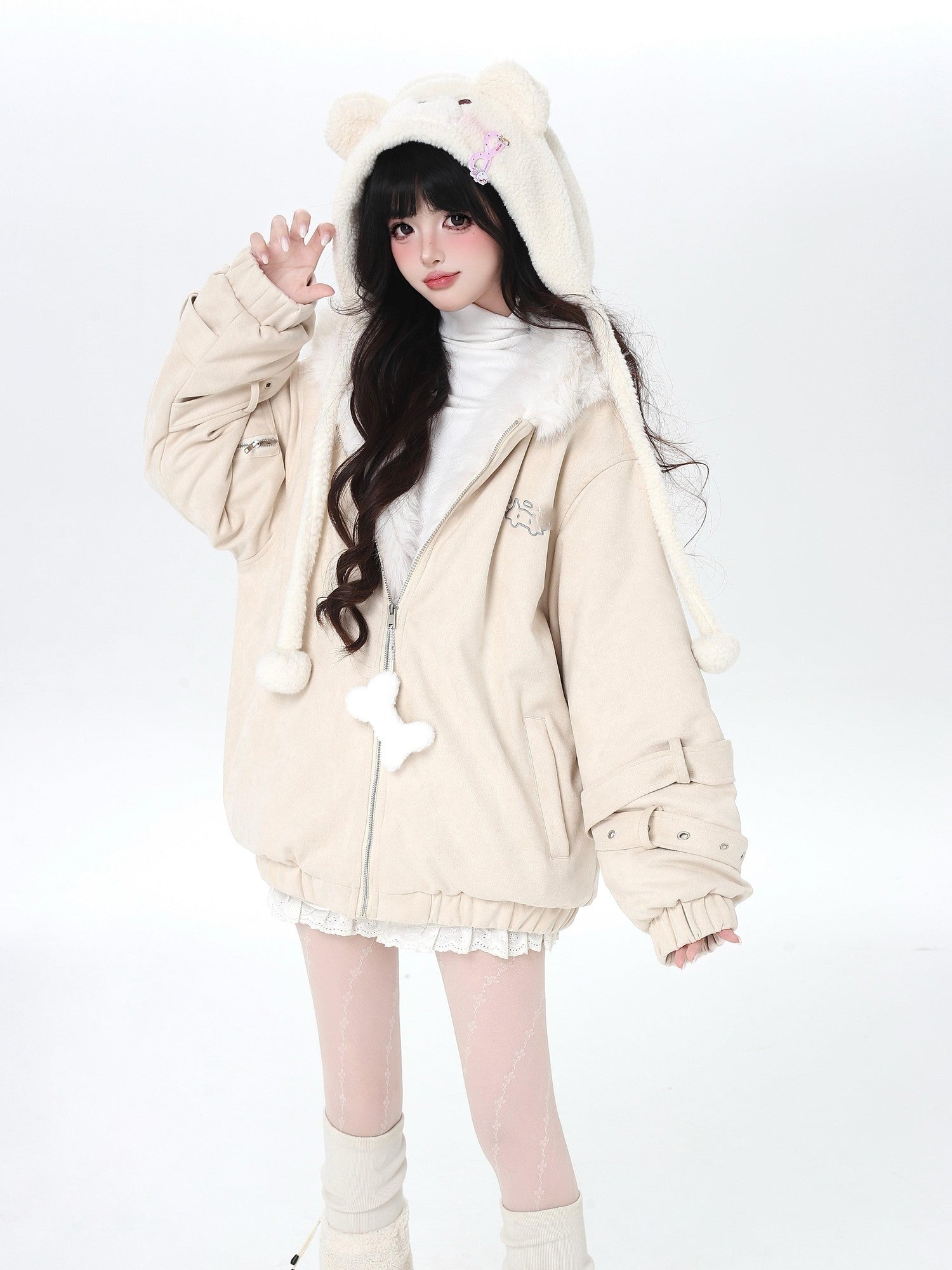 CRAZYGIRL Angel Kitty Plush Cat Ear Hooded Oversized Women's Cotton Padded Puffer Jackets