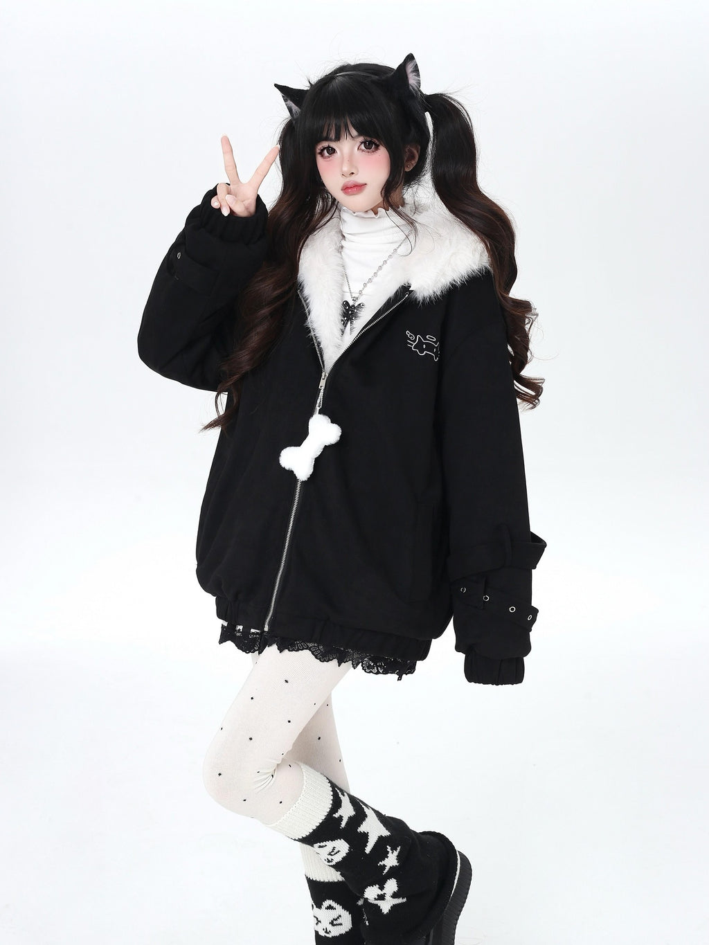 CRAZYGIRL Angel Kitty Plush Cat Ear Hooded Oversized Women's Cotton Padded Puffer Jackets