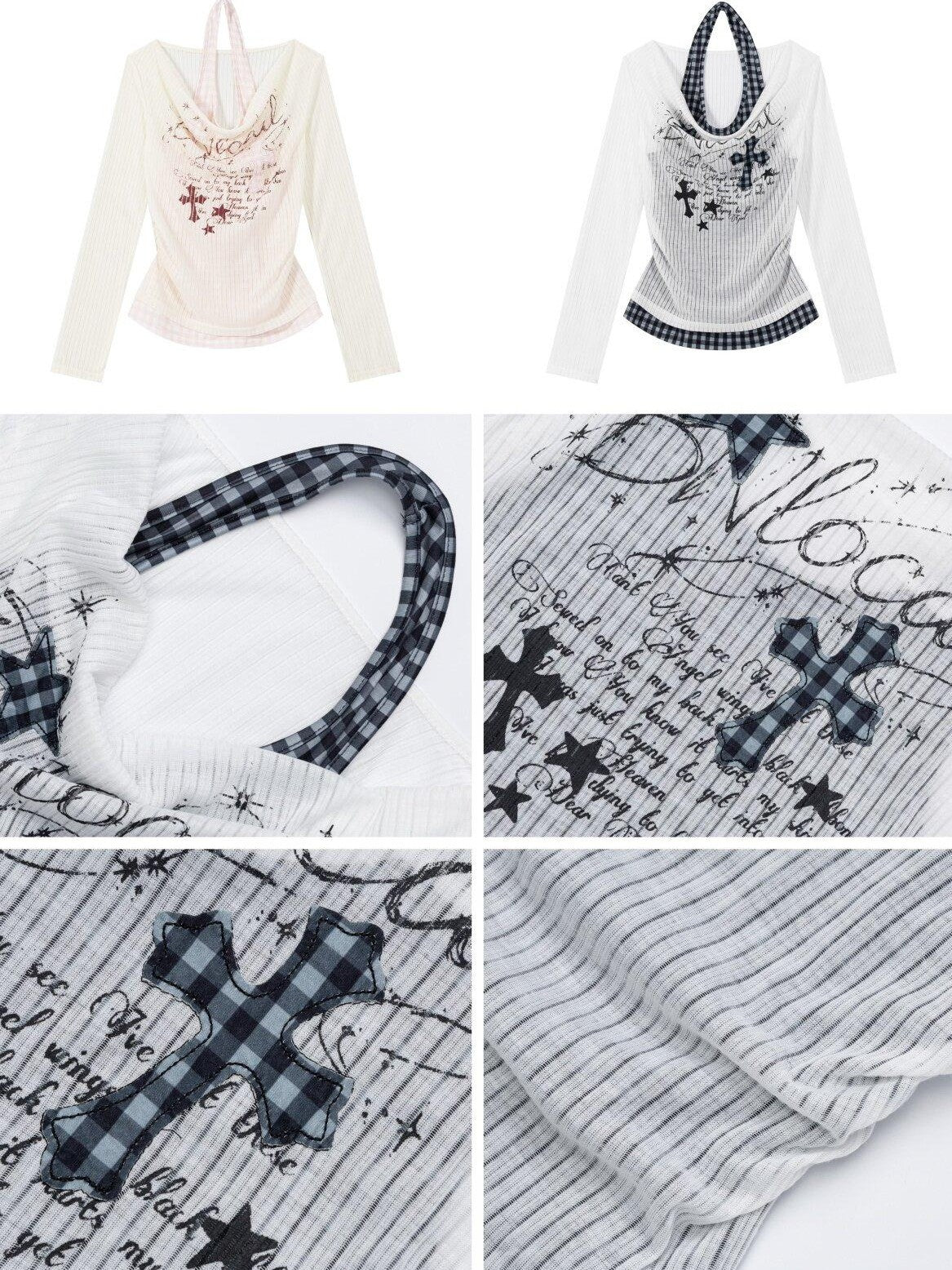 CRAZYGIRL Apricot Pink Striped Letter Halter Spliced Slim Women's Long Sleeve T-shirts