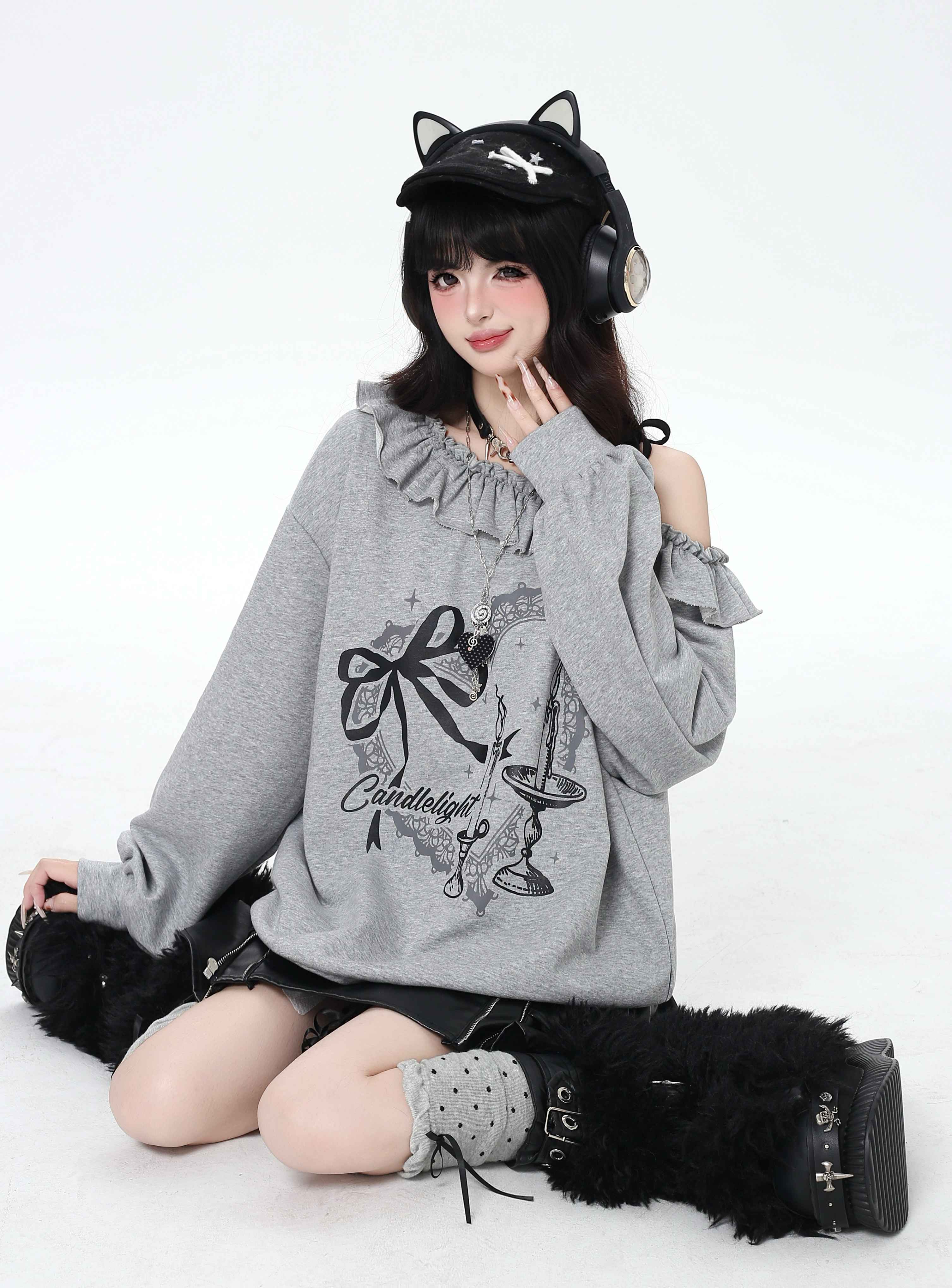 CRAZYGIRL_Asymmetric_Bow_Tie_One_Shoulder_Printed_Loose_Women's_Other_Material_Sweatshirts_1026171024405_MISSTT