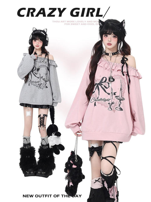 CRAZYGIRL Asymmetric Bow Tie One Shoulder Printed Loose Women's Other Material Sweatshirts