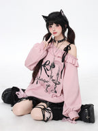 CRAZYGIRL Asymmetric Bow Tie One Shoulder Printed Loose Women's Other Material Sweatshirts