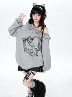 CRAZYGIRL Asymmetric Bow Tie One Shoulder Printed Loose Women's Other Material Sweatshirts
