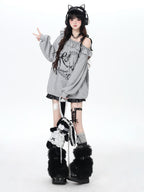 CRAZYGIRL Asymmetric Bow Tie One Shoulder Printed Loose Women's Other Material Sweatshirts