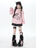 CRAZYGIRL Asymmetric Bow Tie One Shoulder Printed Loose Women's Other Material Sweatshirts