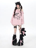 CRAZYGIRL Asymmetric Bow Tie One Shoulder Printed Loose Women's Other Material Sweatshirts