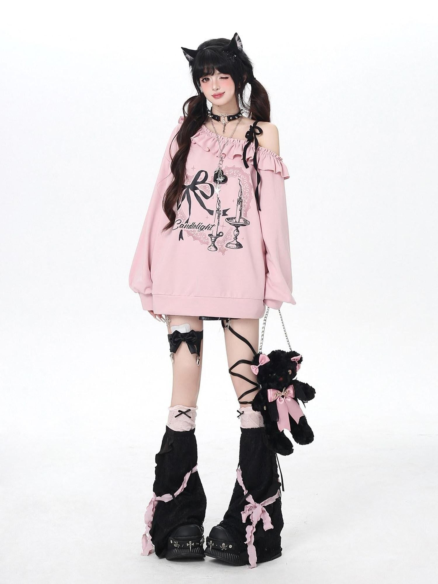 CRAZYGIRL Asymmetric Bow Tie One Shoulder Printed Loose Women's Other Material Sweatshirts