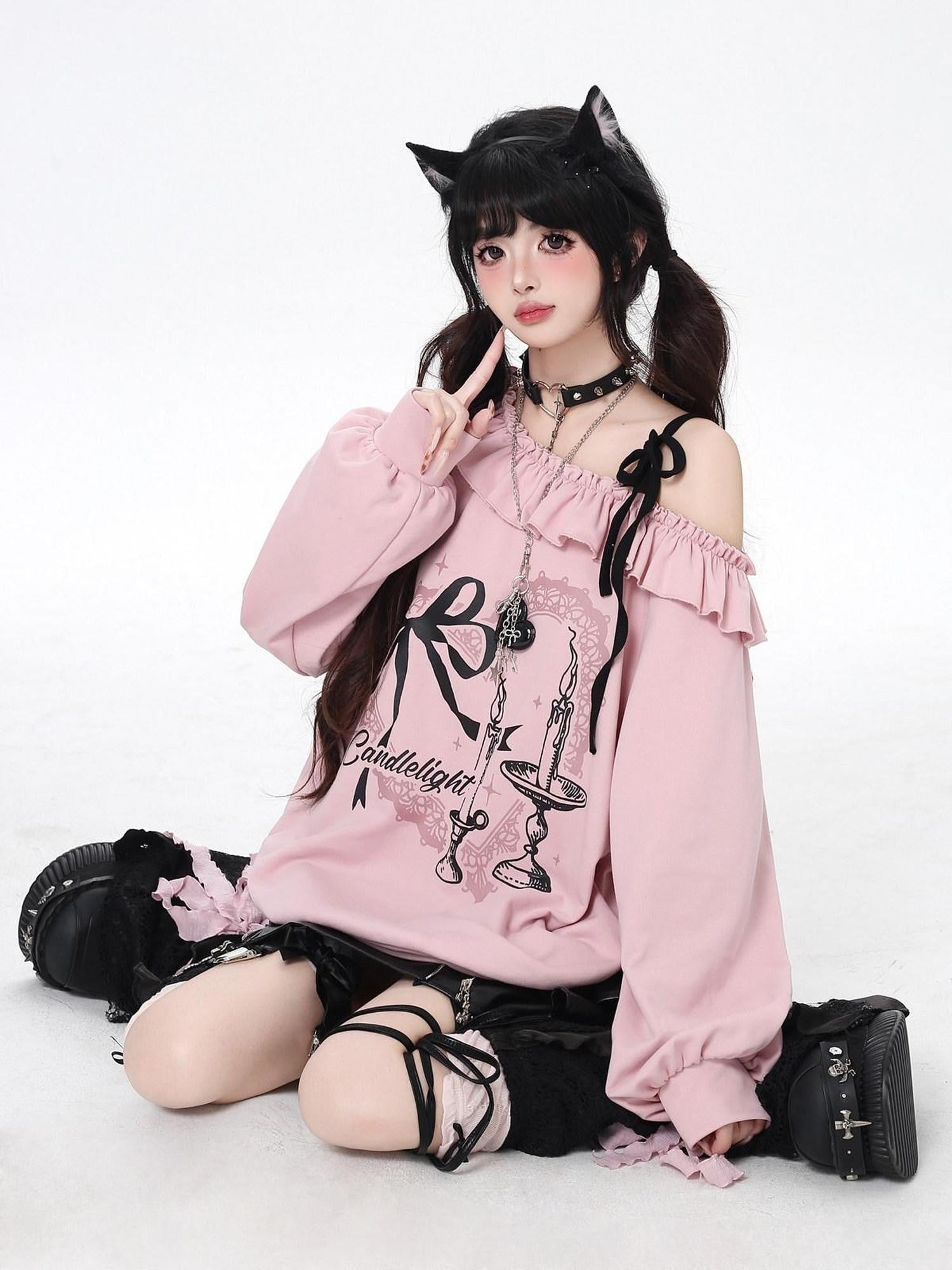 CRAZYGIRL Asymmetric Bow Tie One Shoulder Printed Loose Women's Other Material Sweatshirts