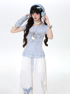 CRAZYGIRL Asymmetric Off Shoulder Ruffle Letter Print Slim Women's Short Sleeve T-shirts