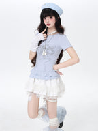 CRAZYGIRL Asymmetric Off Shoulder Ruffle Letter Print Slim Women's Short Sleeve T-shirts