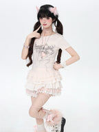 CRAZYGIRL Asymmetric Off Shoulder Ruffle Letter Print Slim Women's Short Sleeve T-shirts