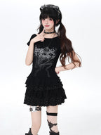 CRAZYGIRL Asymmetric Off Shoulder Ruffle Letter Print Slim Women's Short Sleeve T-shirts