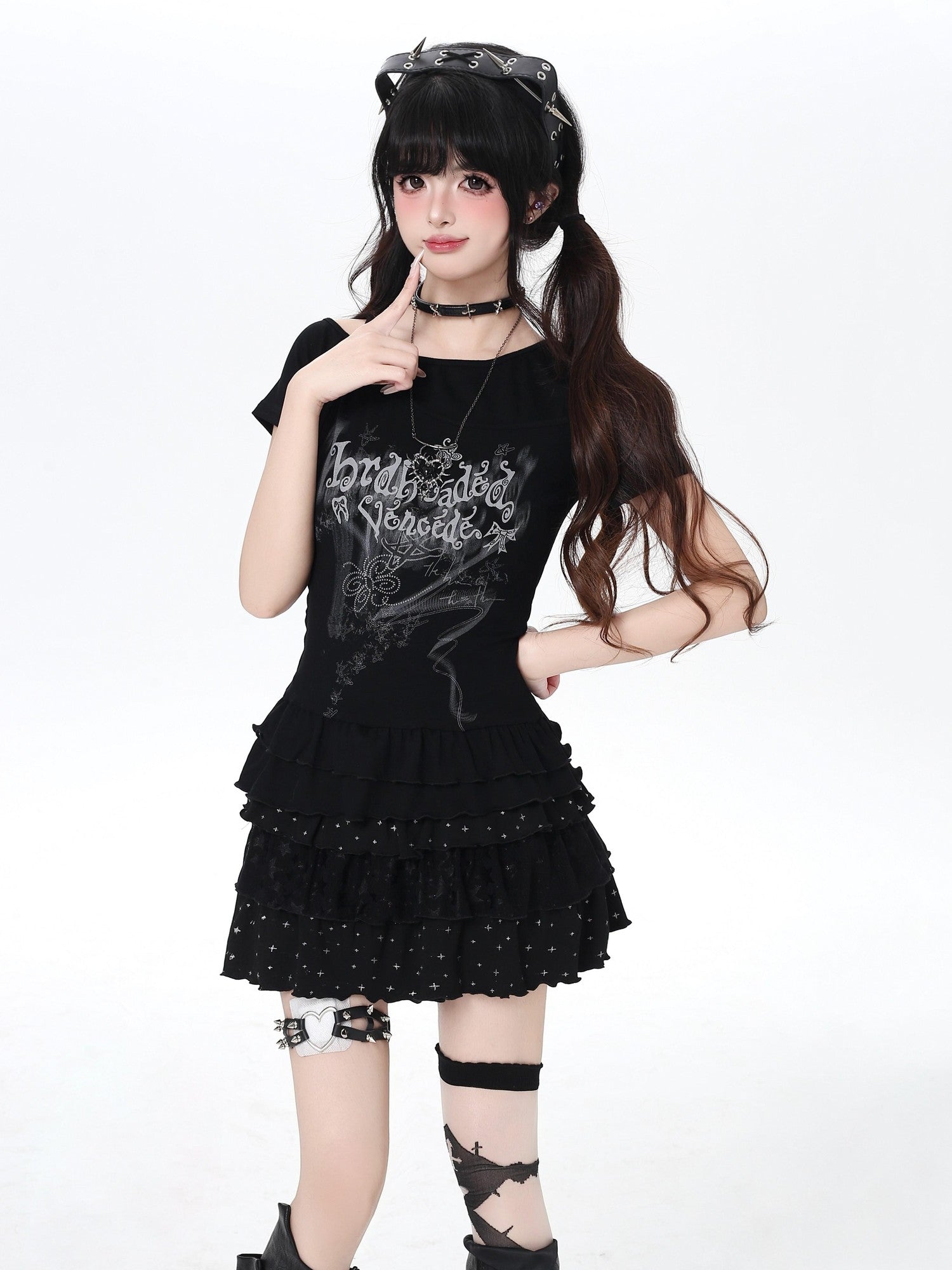 CRAZYGIRL Asymmetric Off Shoulder Ruffle Letter Print Slim Women's Short Sleeve T-shirts
