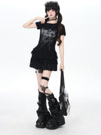 CRAZYGIRL Asymmetric Off Shoulder Ruffle Letter Print Slim Women's Short Sleeve T-shirts