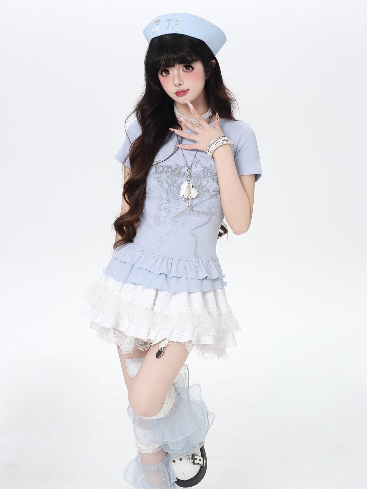 CRAZYGIRL Asymmetric Off Shoulder Ruffle Letter Print Slim Women's Short Sleeve T-shirts