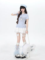 CRAZYGIRL Asymmetric Off Shoulder Ruffle Letter Print Slim Women's Short Sleeve T-shirts