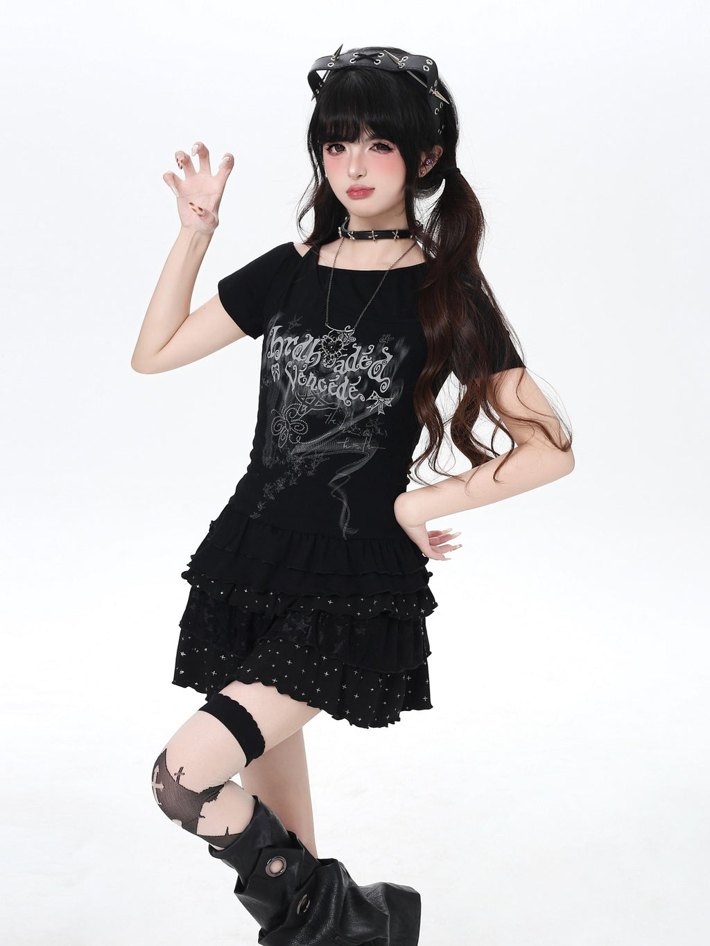 CRAZYGIRL Asymmetric Off Shoulder Ruffle Letter Print Slim Women's Short Sleeve T-shirts