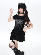 CRAZYGIRL Asymmetric Off Shoulder Ruffle Letter Print Slim Women's Short Sleeve T-shirts