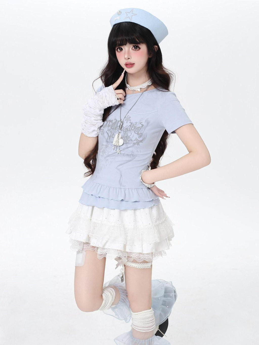 CRAZYGIRL Asymmetric Off Shoulder Ruffle Letter Print Slim Women's Short Sleeve T-shirts