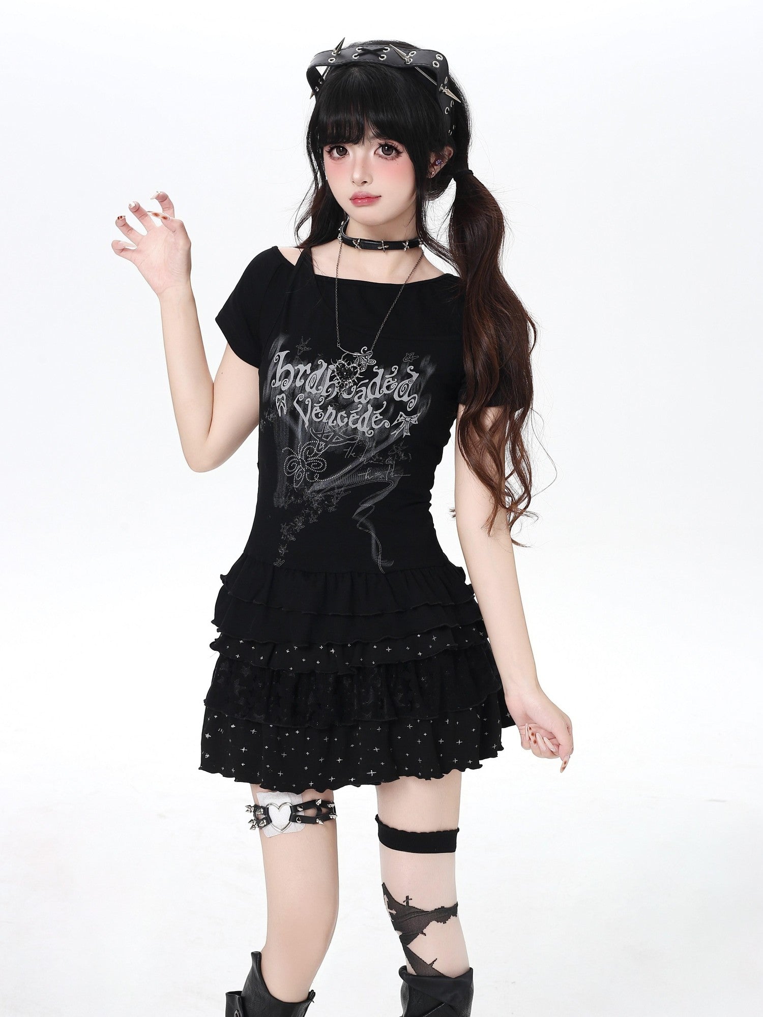 CRAZYGIRL Asymmetric Off Shoulder Ruffle Letter Print Slim Women's Short Sleeve T-shirts