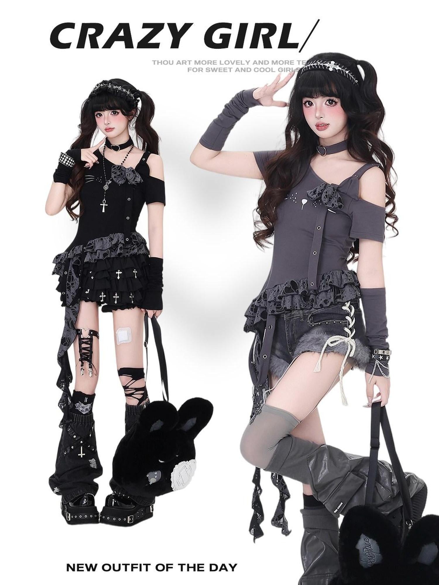 CRAZYGIRL Asymmetric Ripped Off Shoulder Lace Bow Cropped Women's Short Sleeve T-shirts