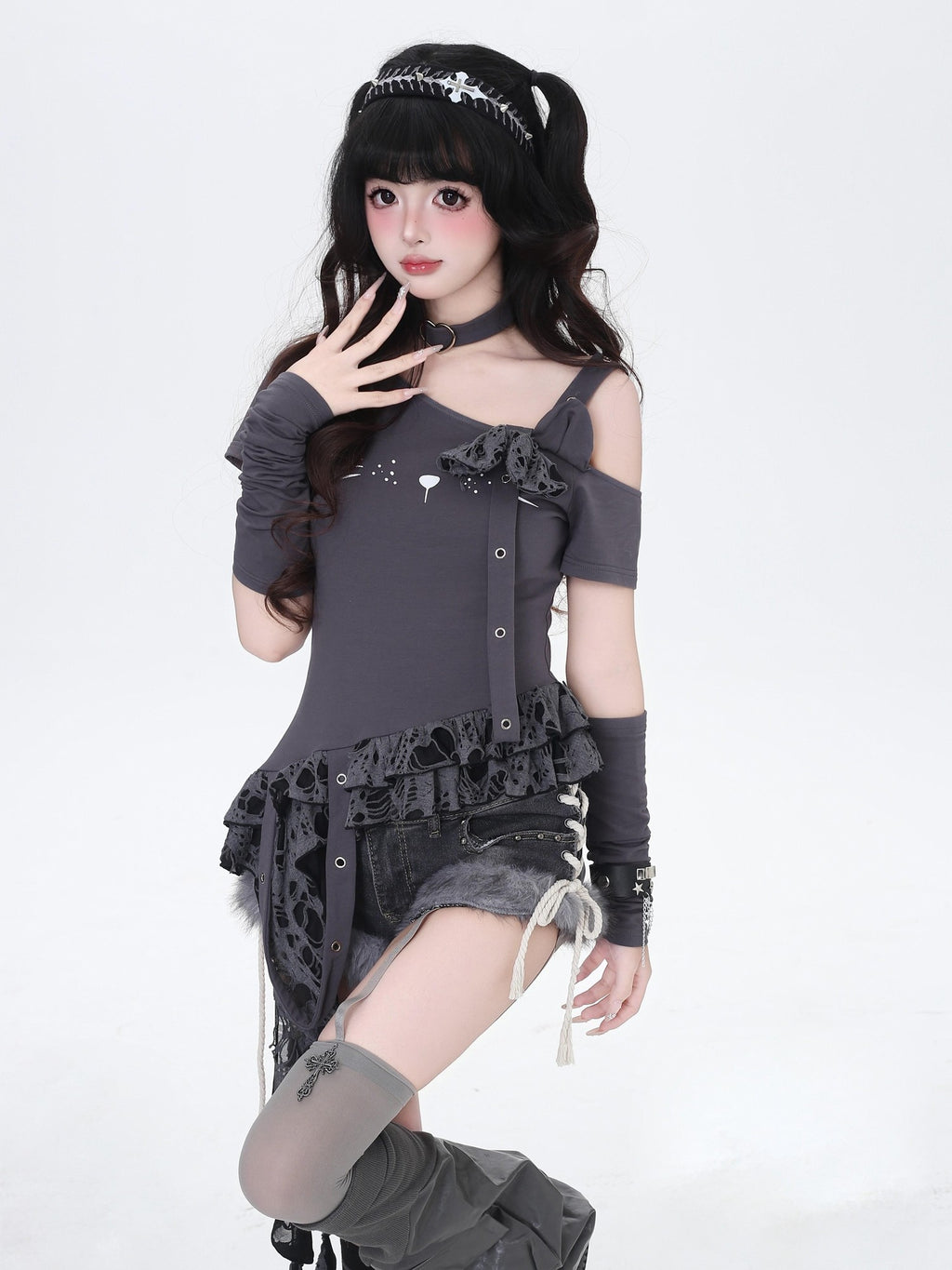 CRAZYGIRL Asymmetric Ripped Off Shoulder Lace Bow Cropped Women's Short Sleeve T-shirts