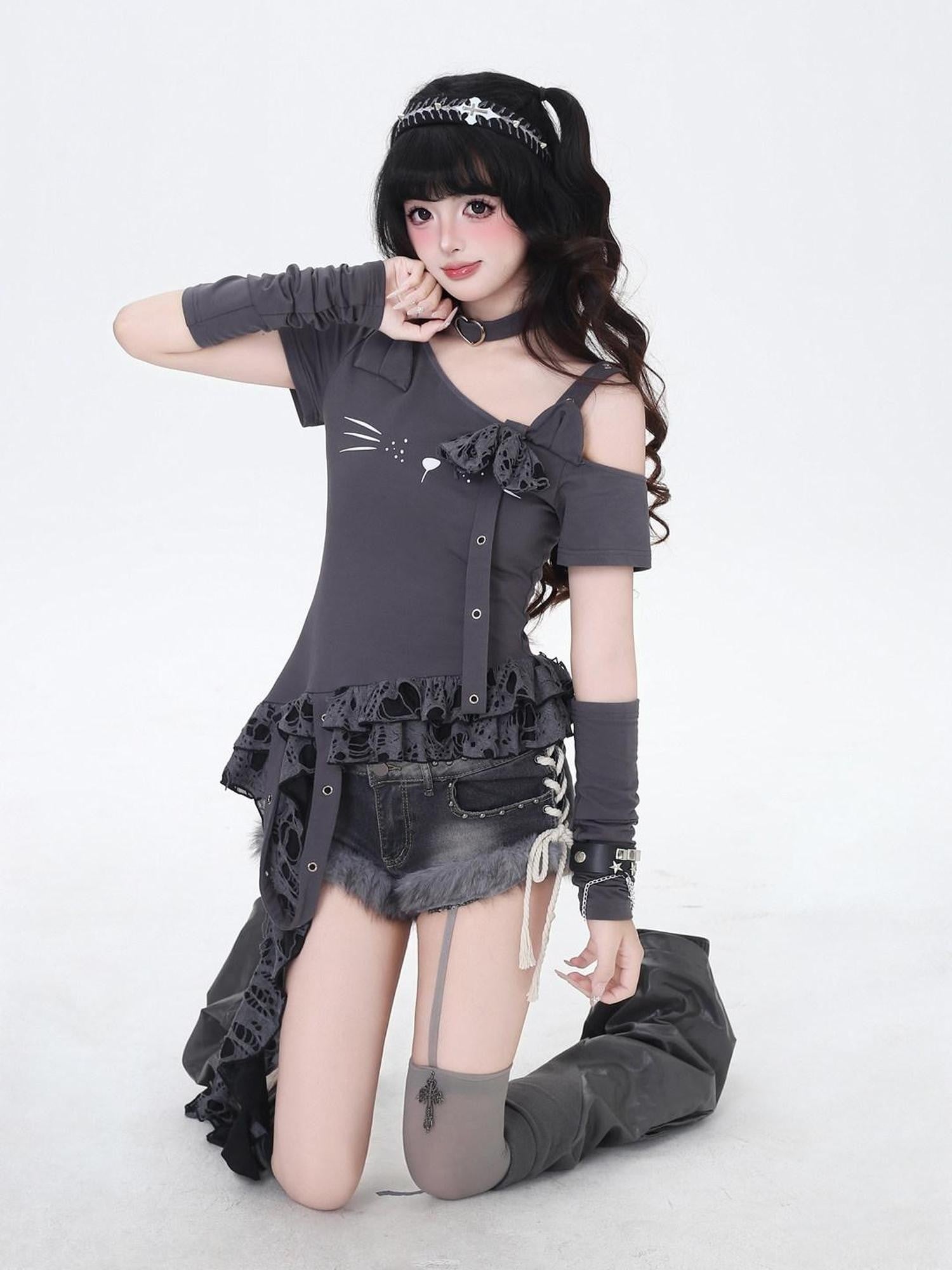 CRAZYGIRL Asymmetric Ripped Off Shoulder Lace Bow Cropped Women's Short Sleeve T-shirts