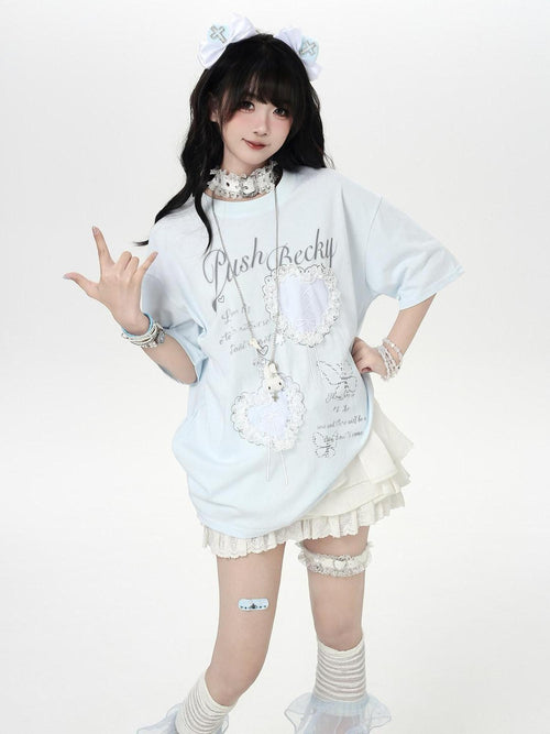 CRAZYGIRL Ballet 3d Bow Heart Lace Round Neck Loose Women's Short Sleeve T-shirts