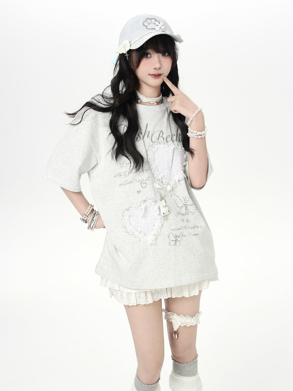 CRAZYGIRL Ballet 3d Bow Heart Lace Round Neck Loose Women's Short Sleeve T-shirts