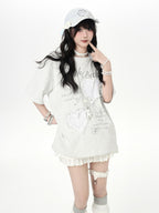 CRAZYGIRL Ballet 3d Bow Heart Lace Round Neck Loose Women's Short Sleeve T-shirts