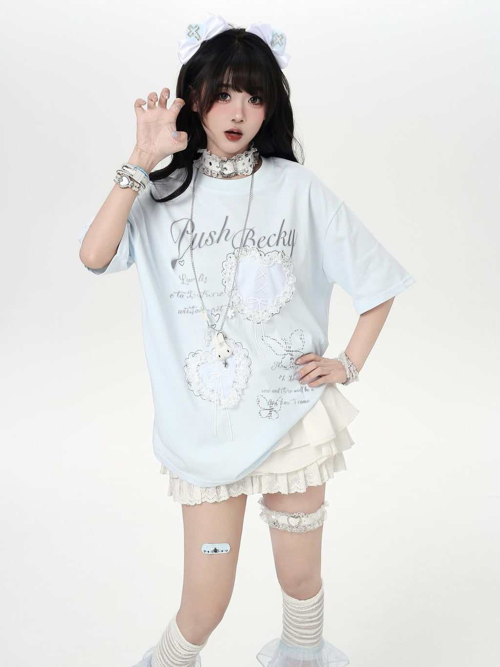 CRAZYGIRL Ballet 3d Bow Heart Lace Round Neck Loose Women's Short Sleeve T-shirts