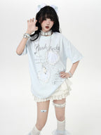 CRAZYGIRL Ballet 3d Bow Heart Lace Round Neck Loose Women's Short Sleeve T-shirts