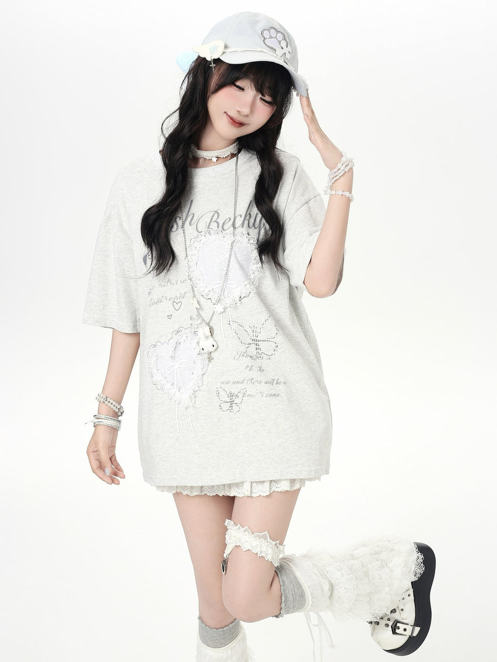 CRAZYGIRL Ballet 3d Bow Heart Lace Round Neck Loose Women's Short Sleeve T-shirts