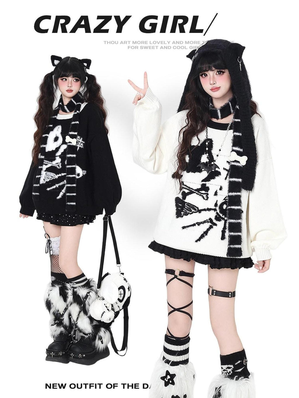 CRAZYGIRL Black And White Kitten Print Loose Crewneck Pullover Women's Sweaters
