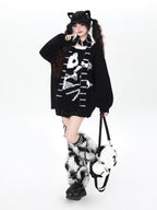 CRAZYGIRL Black And White Kitten Print Loose Crewneck Pullover Women's Sweaters