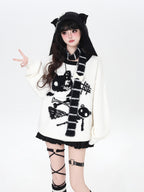 CRAZYGIRL Black And White Kitten Print Loose Crewneck Pullover Women's Sweaters