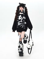 CRAZYGIRL Black And White Kitten Print Loose Crewneck Pullover Women's Sweaters