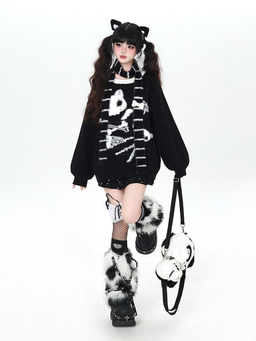 CRAZYGIRL Black And White Kitten Print Loose Crewneck Pullover Women's Sweaters