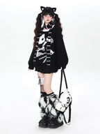CRAZYGIRL Black And White Kitten Print Loose Crewneck Pullover Women's Sweaters